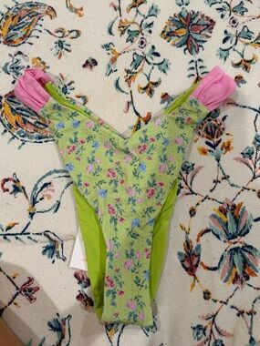 Dippin' Daisy's Lime Green Floral One-Piece with Pink and Blue Blossoms